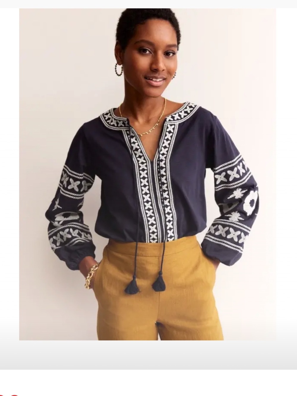 Boden Embroidered Navy Peasant Blouse with Tassel Tie